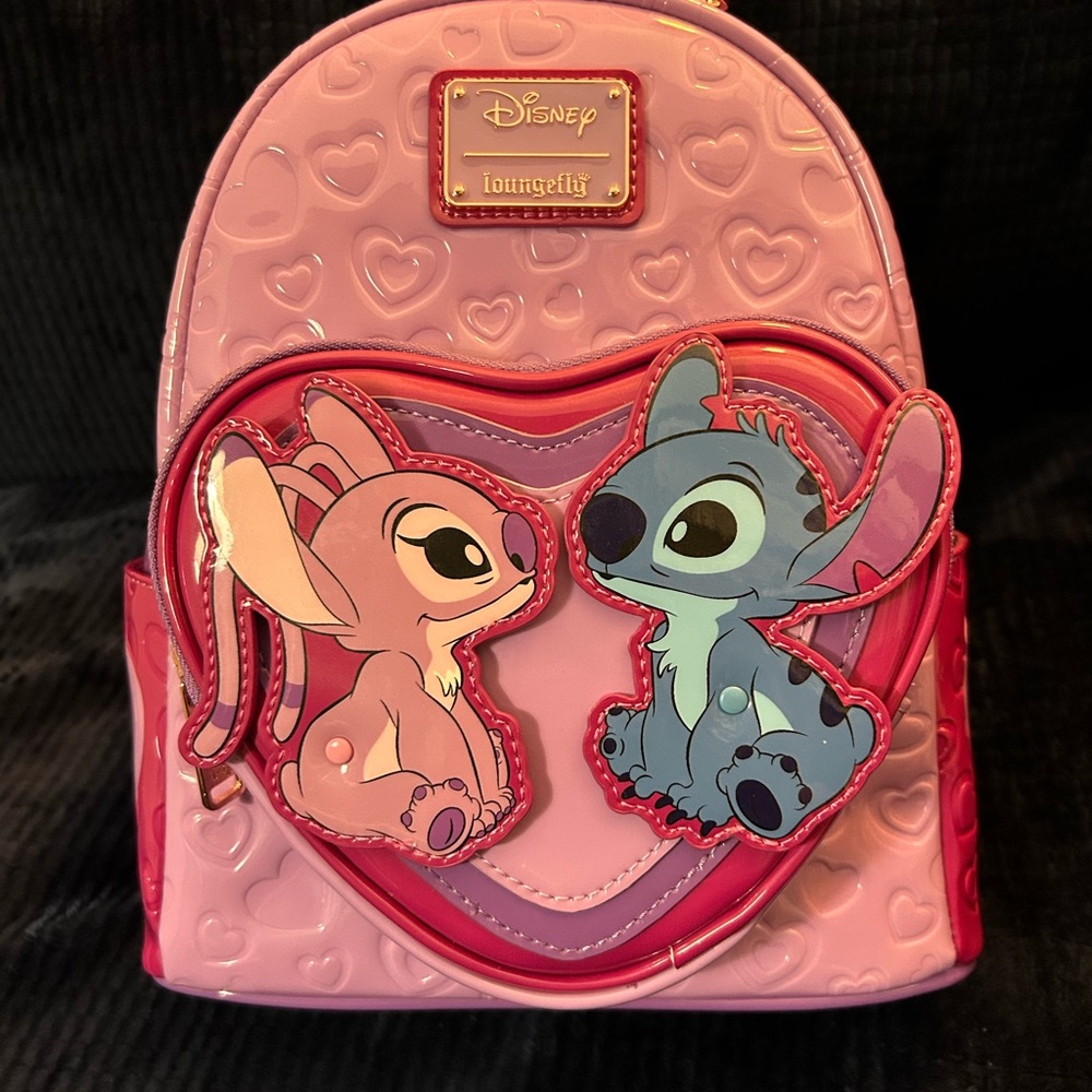 NWT Stitch and Angel in love Patent Leather/Embossed Loungefly Backpack